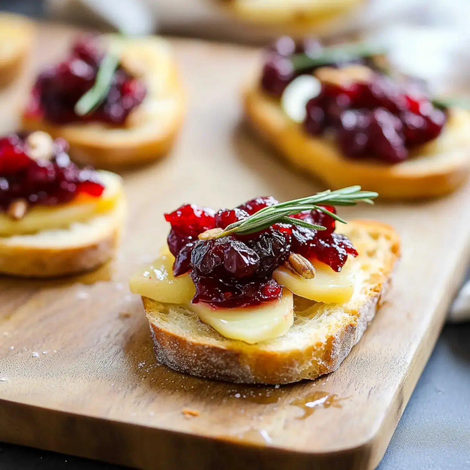 A wooden serving board features slices of toasted bread topped with cheese, cranberry sauce, and a sprig of rosemary.