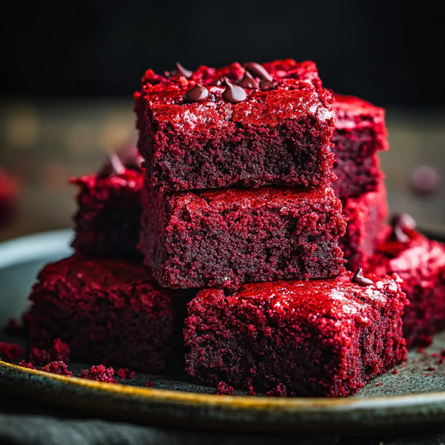 A stack of rich, red velvet brownies topped with chocolate chips on a dark plate.