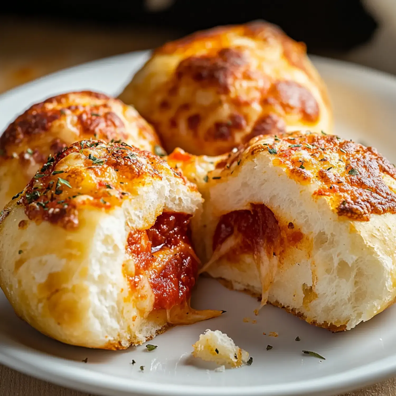 A close-up of cheesy bread rolls filled with marinara sauce, topped with herbs and a golden, crispy crust.