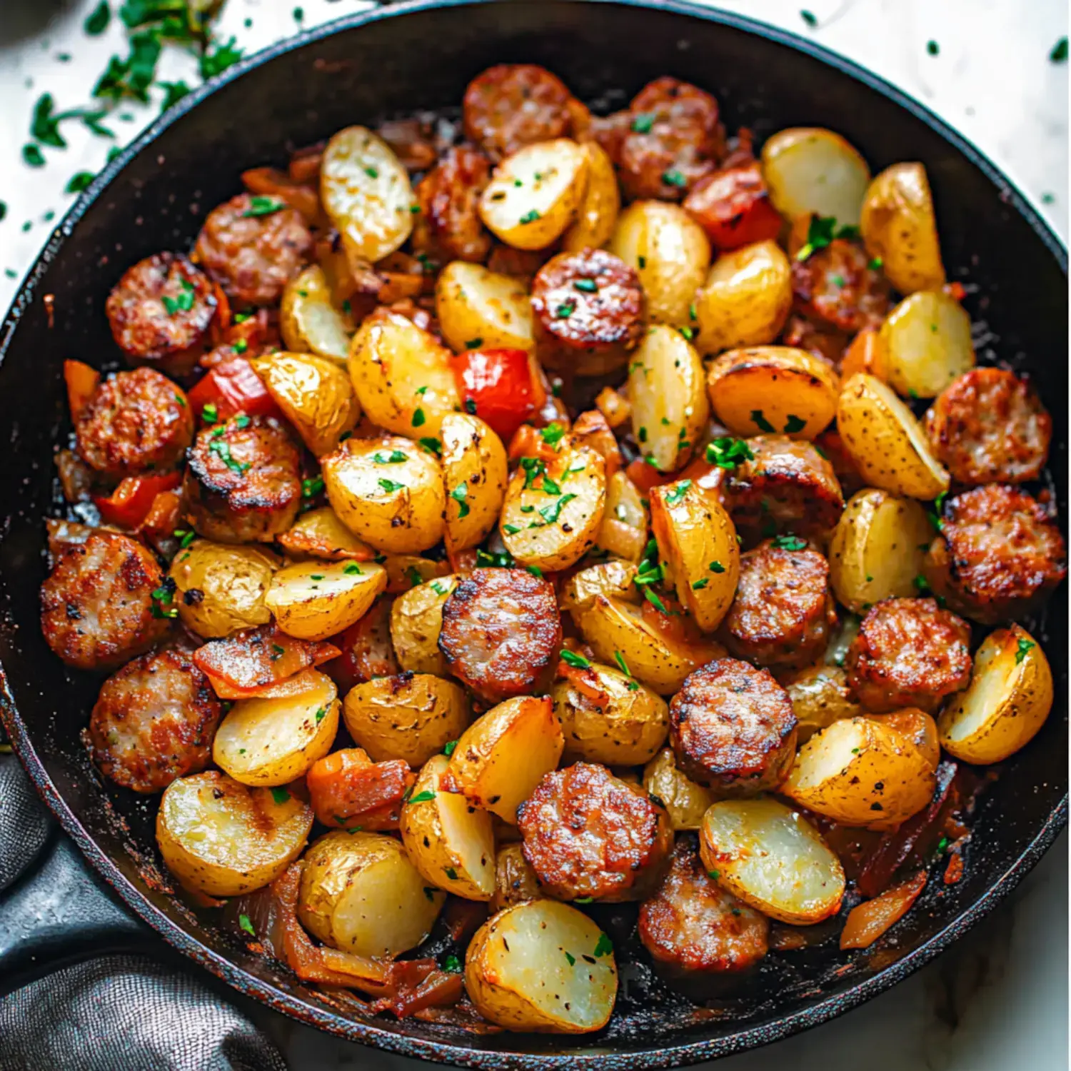 A skillet filled with golden roasted potatoes and browned sausage slices, garnished with chopped parsley.