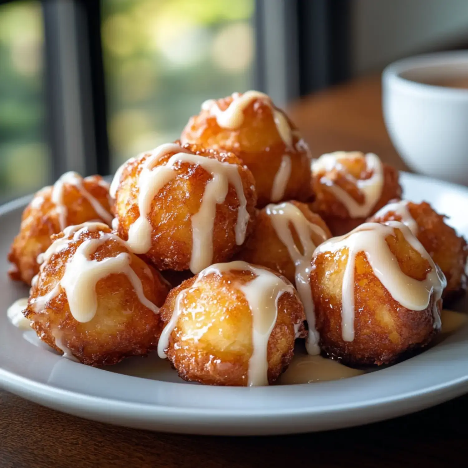 A plate of golden-brown fried dough balls drizzled with white icing.