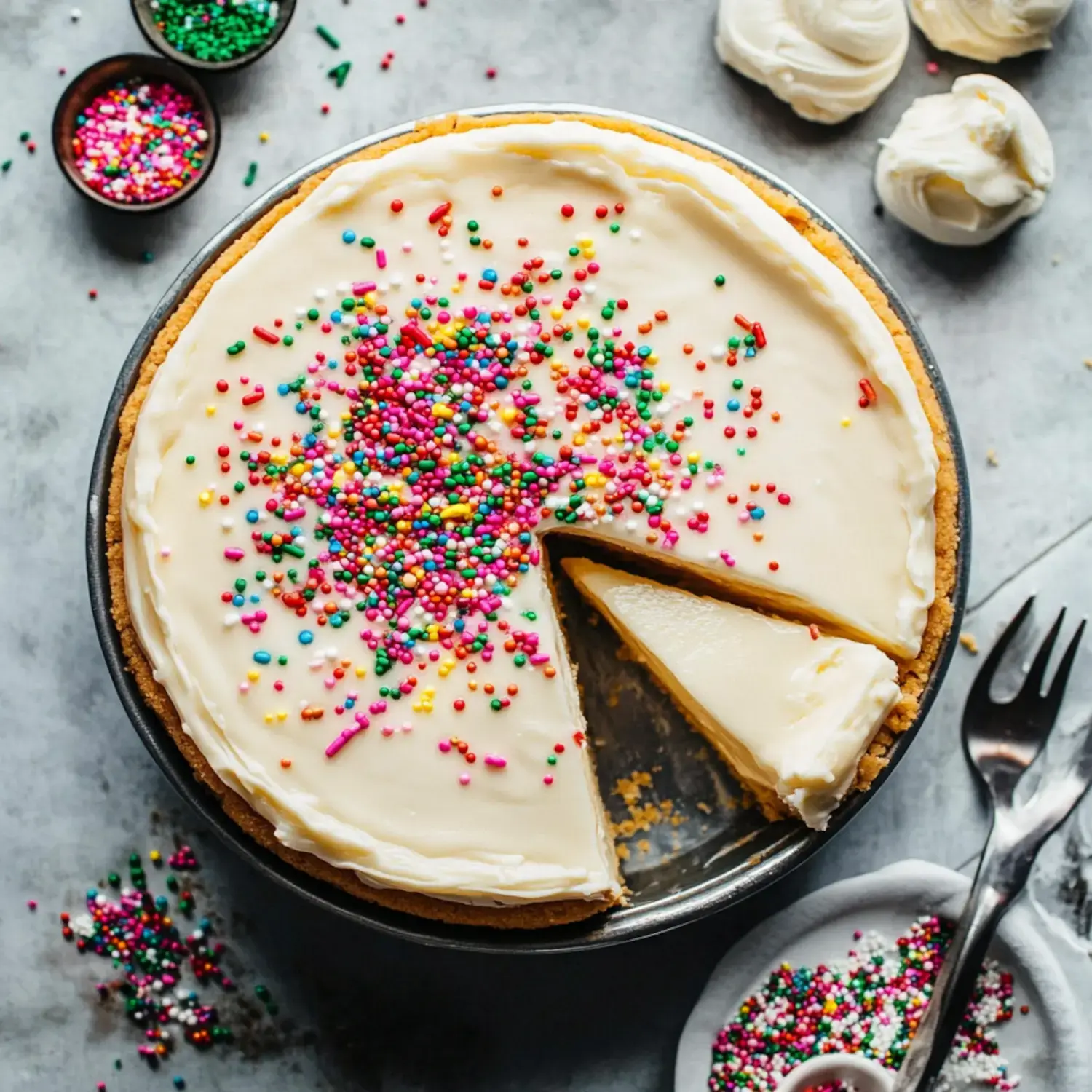 A round cake with a creamy icing and colorful sprinkles sits in a pan, with a slice cut out and a small amount of sprinkles scattered around.