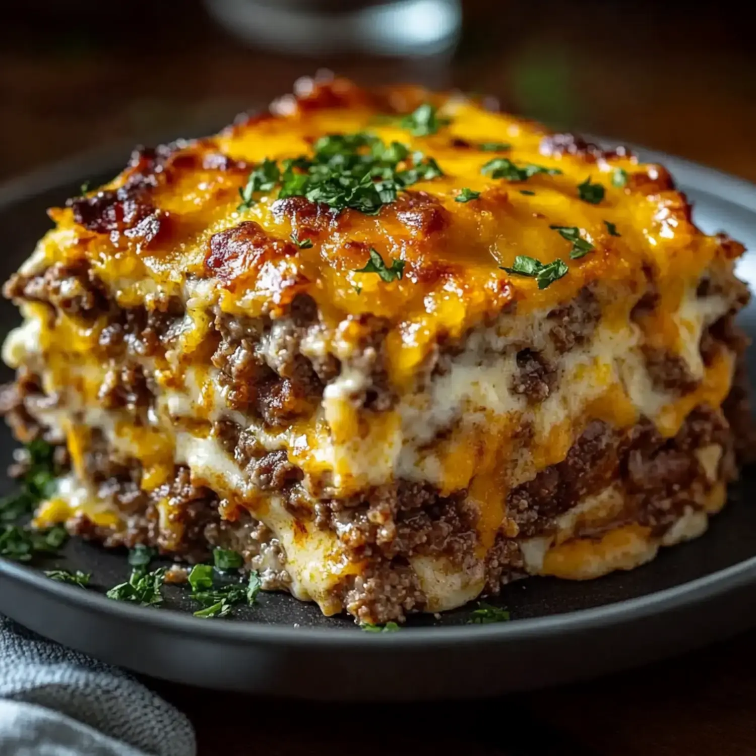 A slice of lasagna layered with ground beef, cheese, and topped with fresh parsley on a black plate.