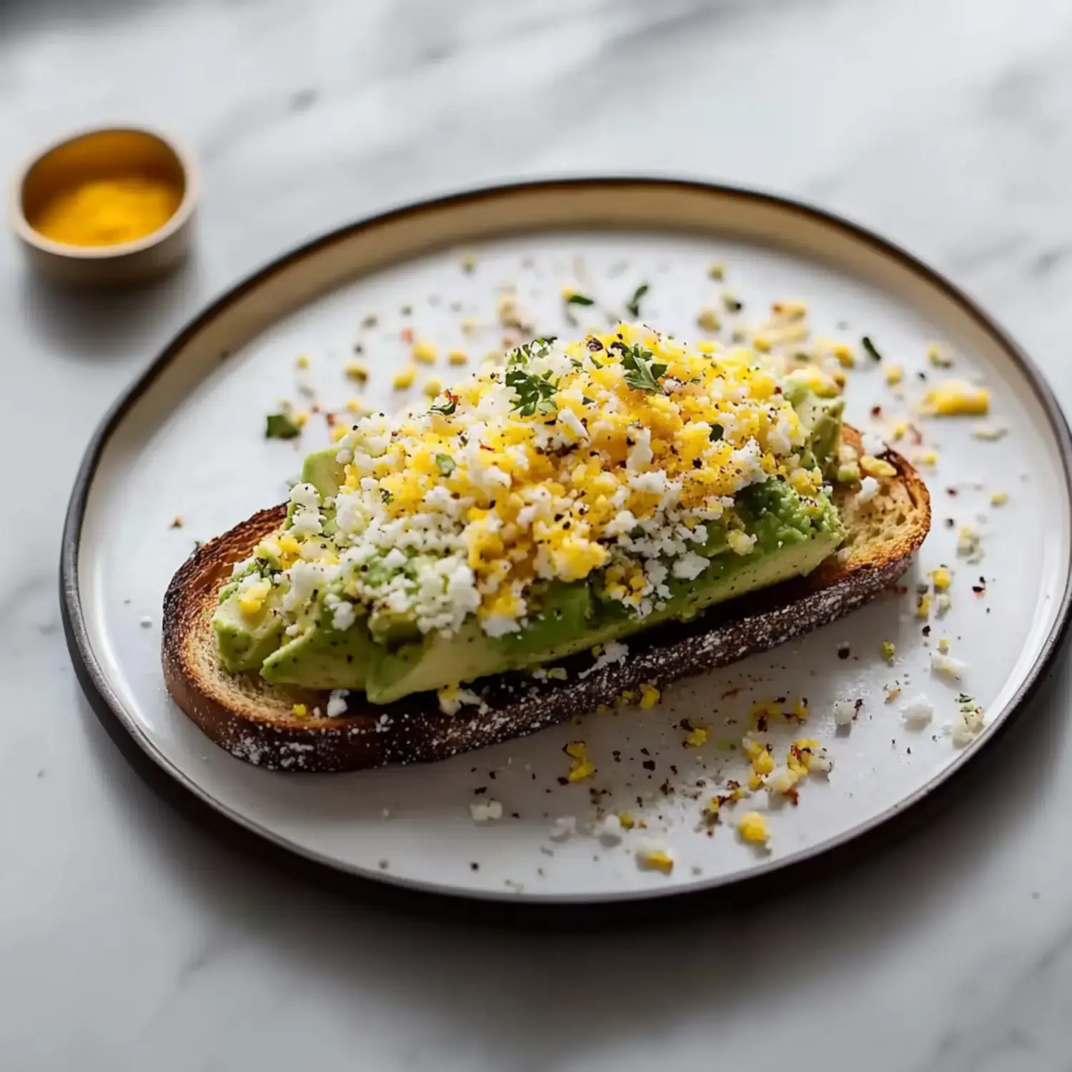 A slice of toasted bread topped with mashed avocado, crumbled cheese, and sprinkled with yellow egg yolk.