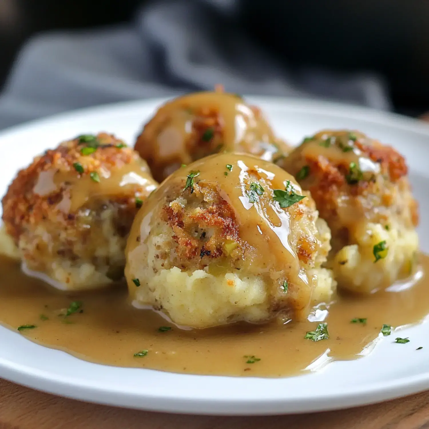 A plate of mashed potatoes topped with golden-brown meatballs and savory brown gravy, garnished with parsley.