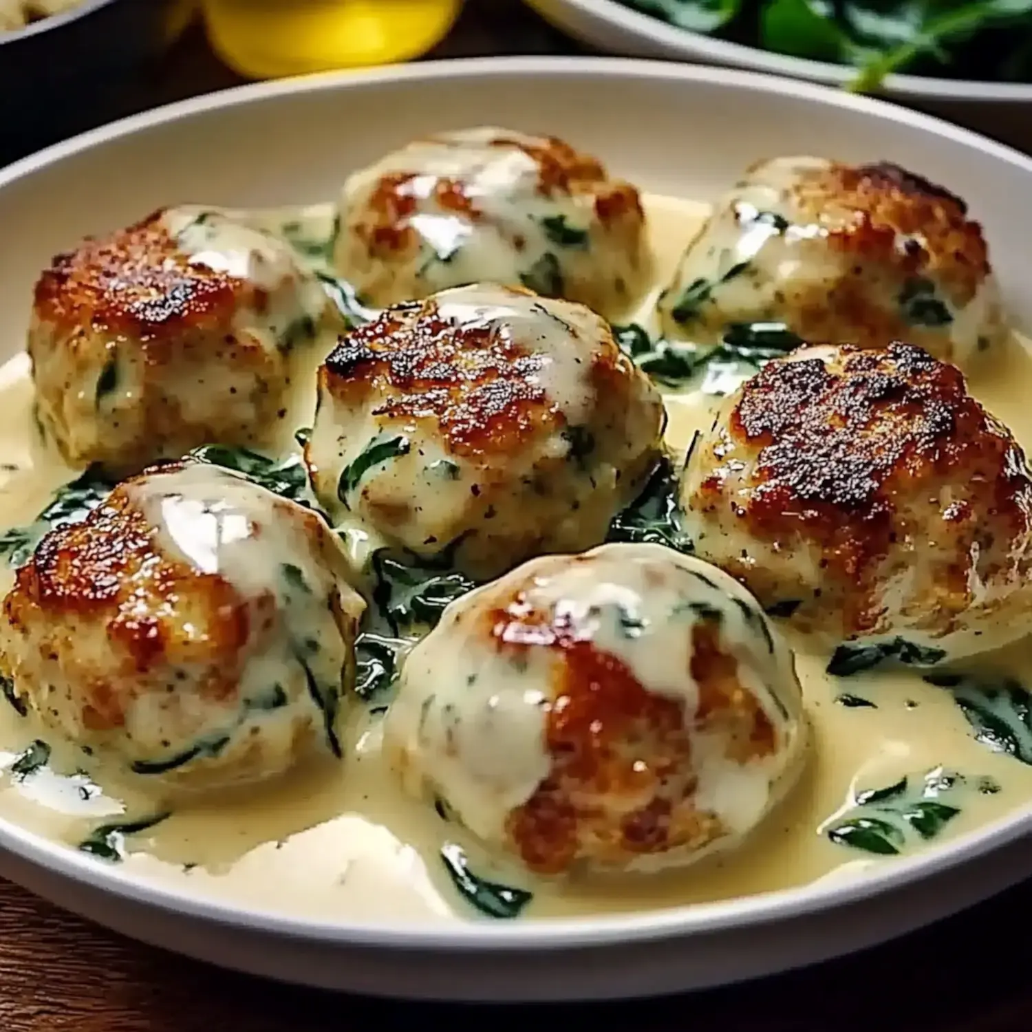 A plate of creamy, spinach-covered meatballs drizzled with a white sauce.