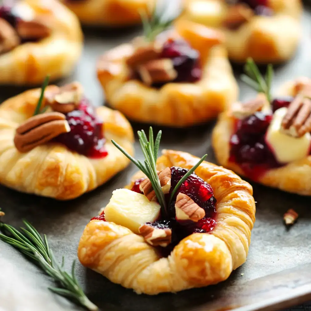 A platter of golden, flaky pastry treats filled with berry jam, topped with pecans and fresh rosemary.