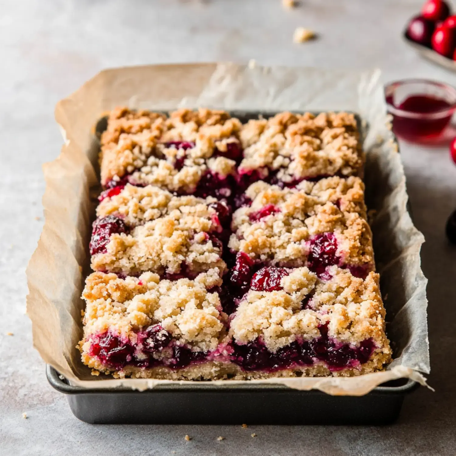 A freshly baked berry crumble dessert cut into squares, in a lined baking pan, with berries and jam nearby.