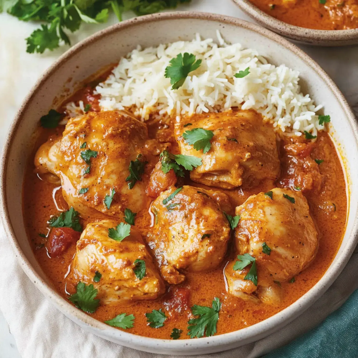 A bowl of chicken in a rich, spiced sauce garnished with cilantro, served alongside fluffy white rice.