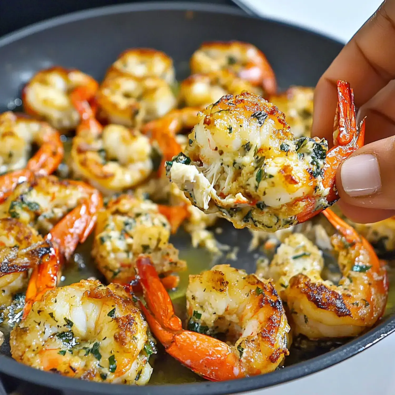 A hand holds a cooked shrimp with herbs and spices, while more shrimp are seen sizzling in a black frying pan in the background.