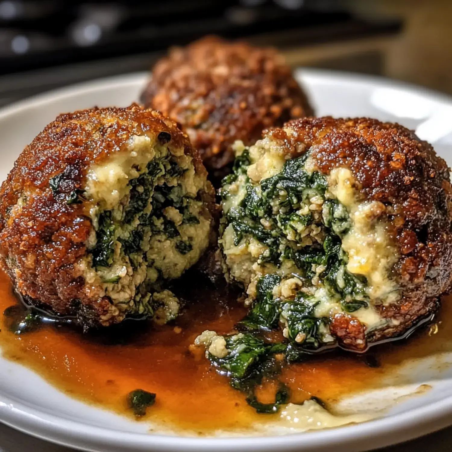 A close-up of crispy, golden-brown fried balls filled with a mixture of spinach and cheese, sitting in a small pool of sauce on a white plate.