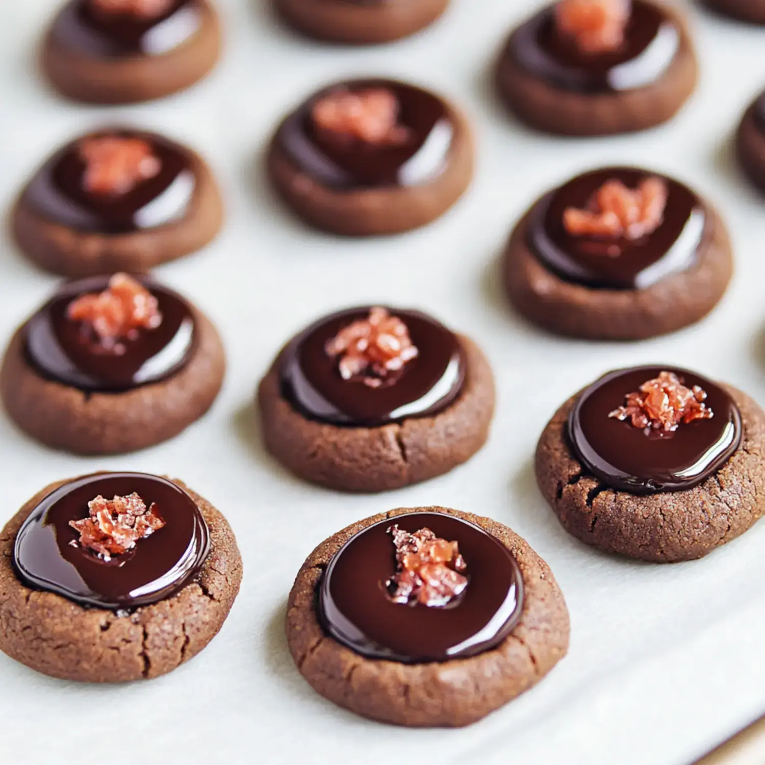 A close-up of freshly baked chocolate cookies topped with glossy chocolate ganache and a sprinkle of red topping.