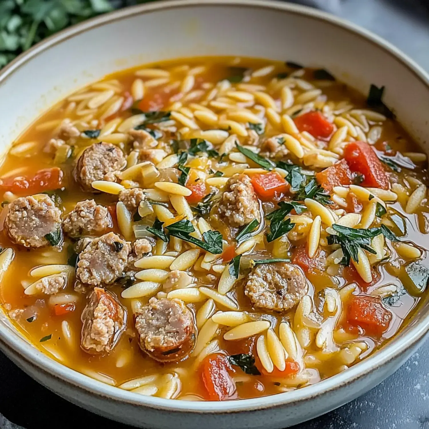 A bowl of hearty orzo soup with sausage, tomatoes, and fresh herbs.