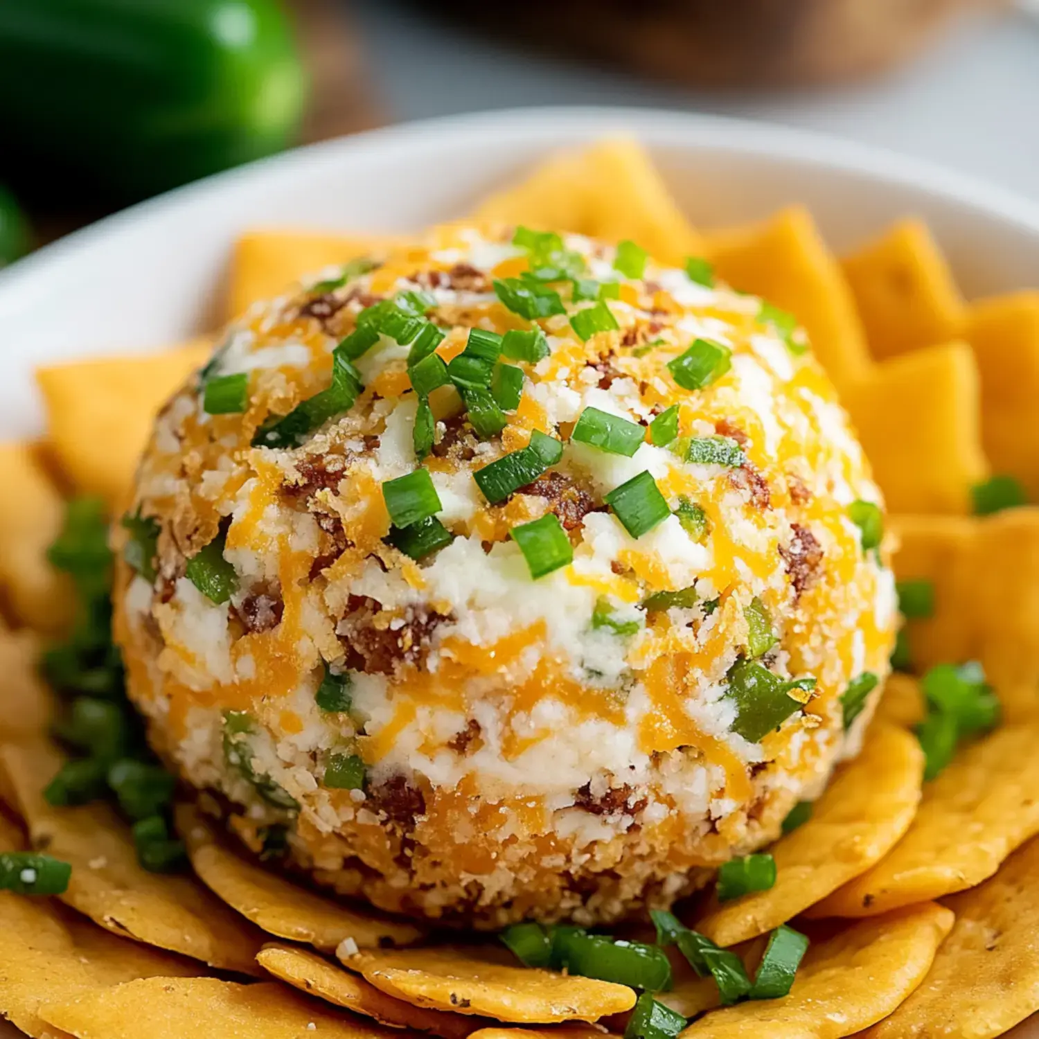 A cheese ball coated in green onions and herbs sits in a bowl surrounded by crunchy tortilla chips.