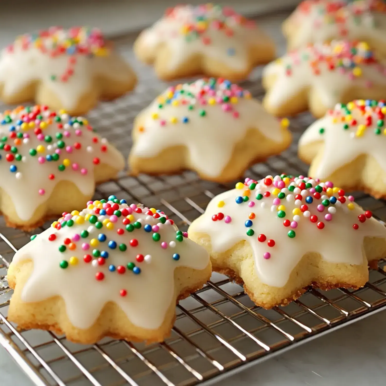 A tray of iced cookies shaped like stars, topped with colorful sprinkles, cooling on a wire rack.