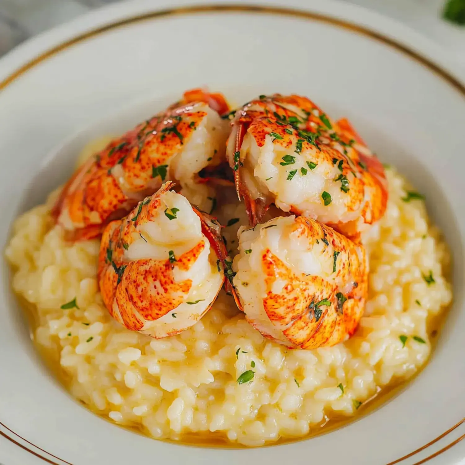 A plate of creamy risotto topped with several pieces of lobster and sprinkled with herbs.