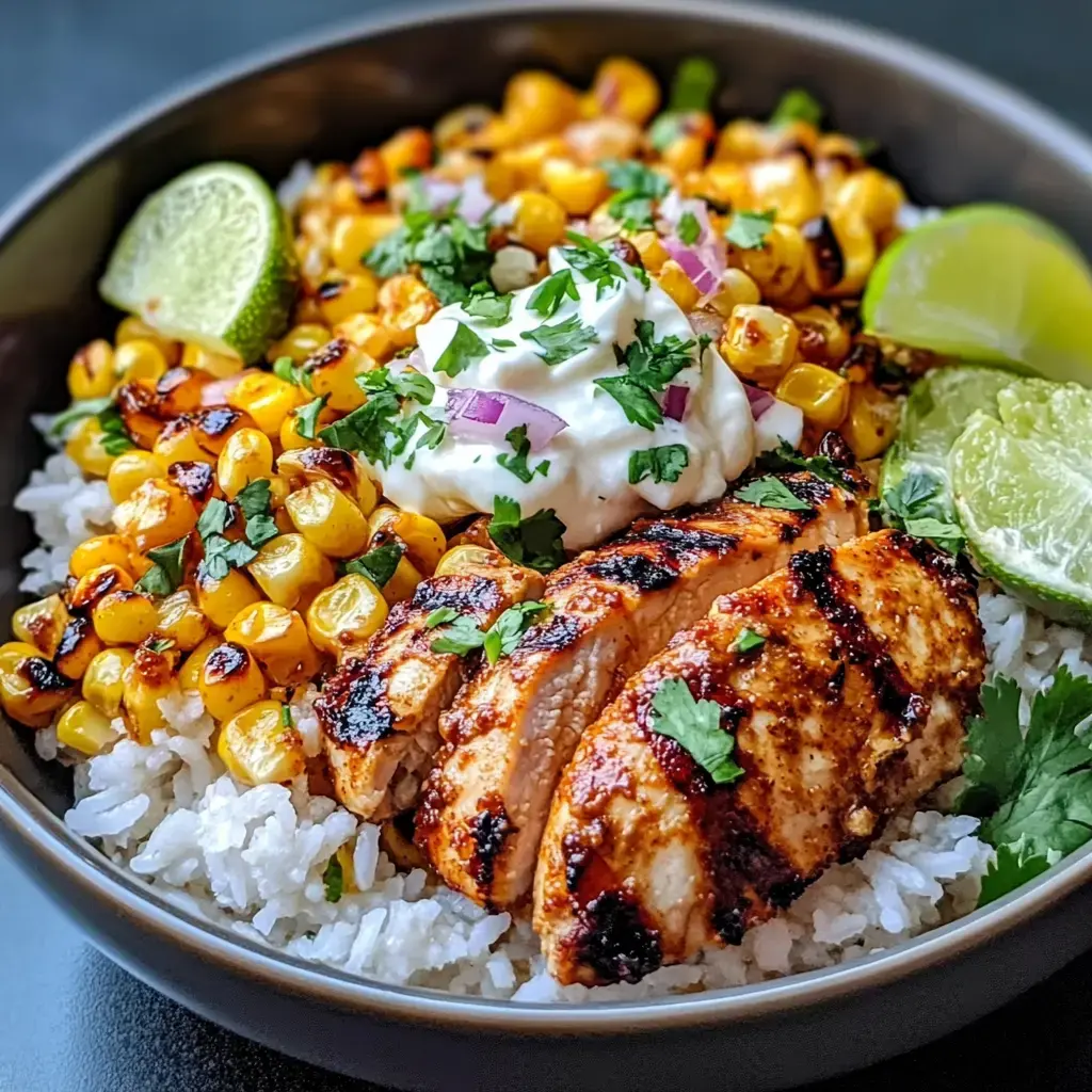 A bowl of white rice topped with grilled chicken, charred corn, a dollop of sour cream, fresh cilantro, and lime wedges.