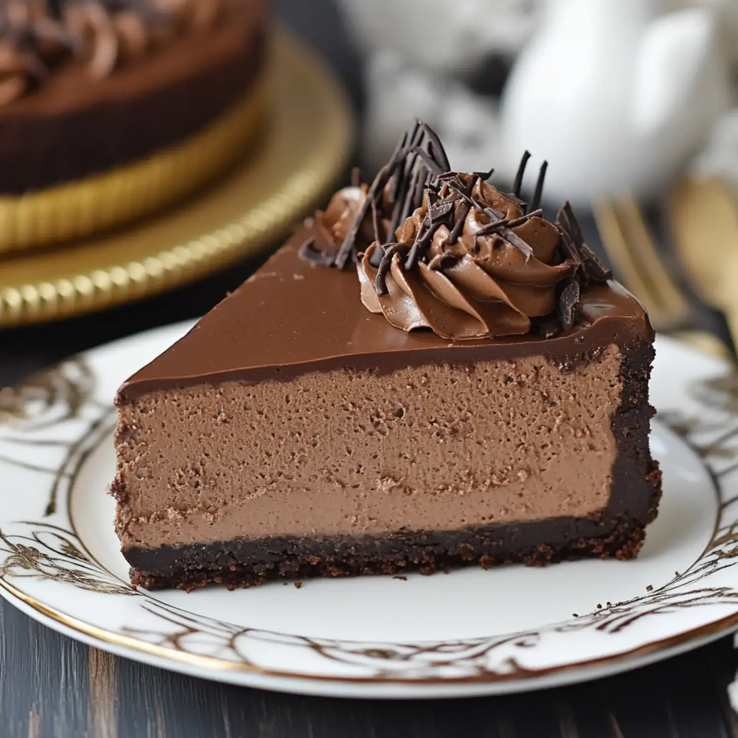 A slice of rich chocolate cheesecake with a glossy ganache topping and chocolate shavings, displayed on an ornate white plate.