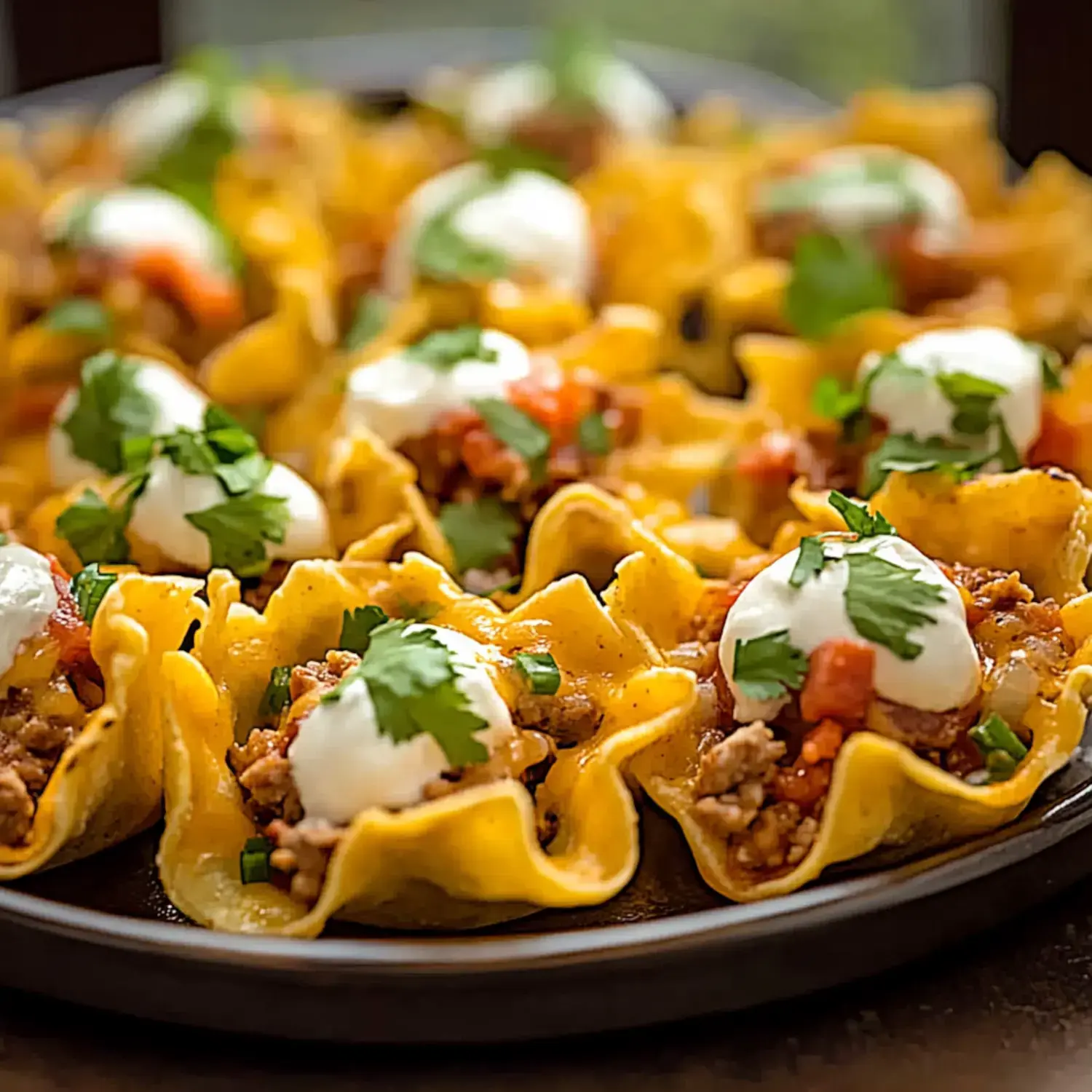 A plate of taco cups filled with seasoned meat, topped with sour cream, diced tomatoes, and fresh cilantro.