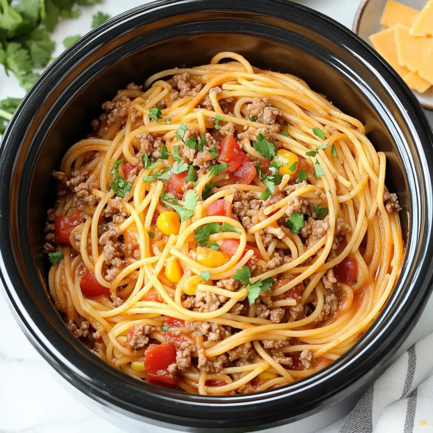 A close-up view of a bowl of spaghetti mixed with ground beef, diced tomatoes, corn, and fresh cilantro.