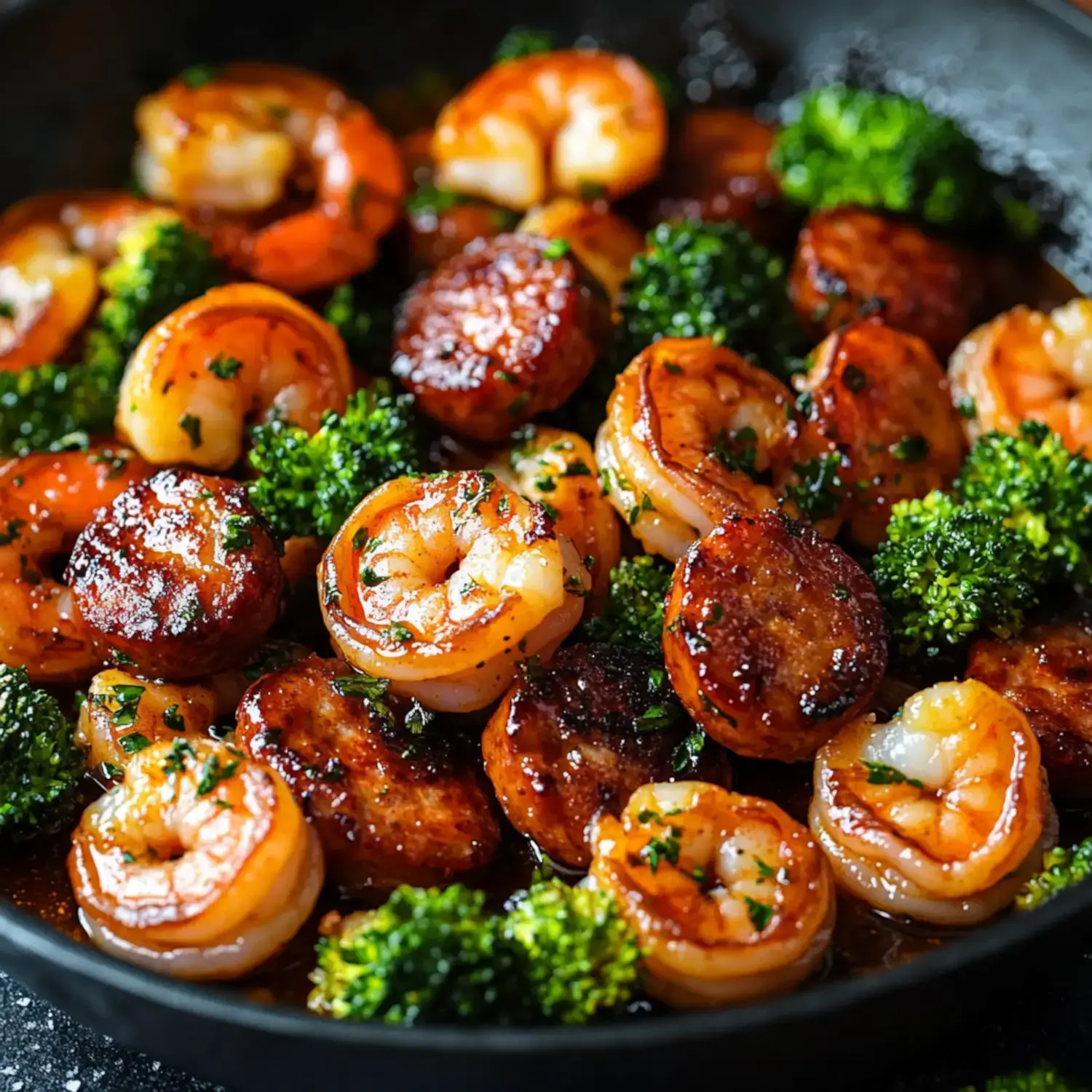 A close-up of sautéed shrimp and broccoli, garnished with herbs and displaying a caramelized glaze.