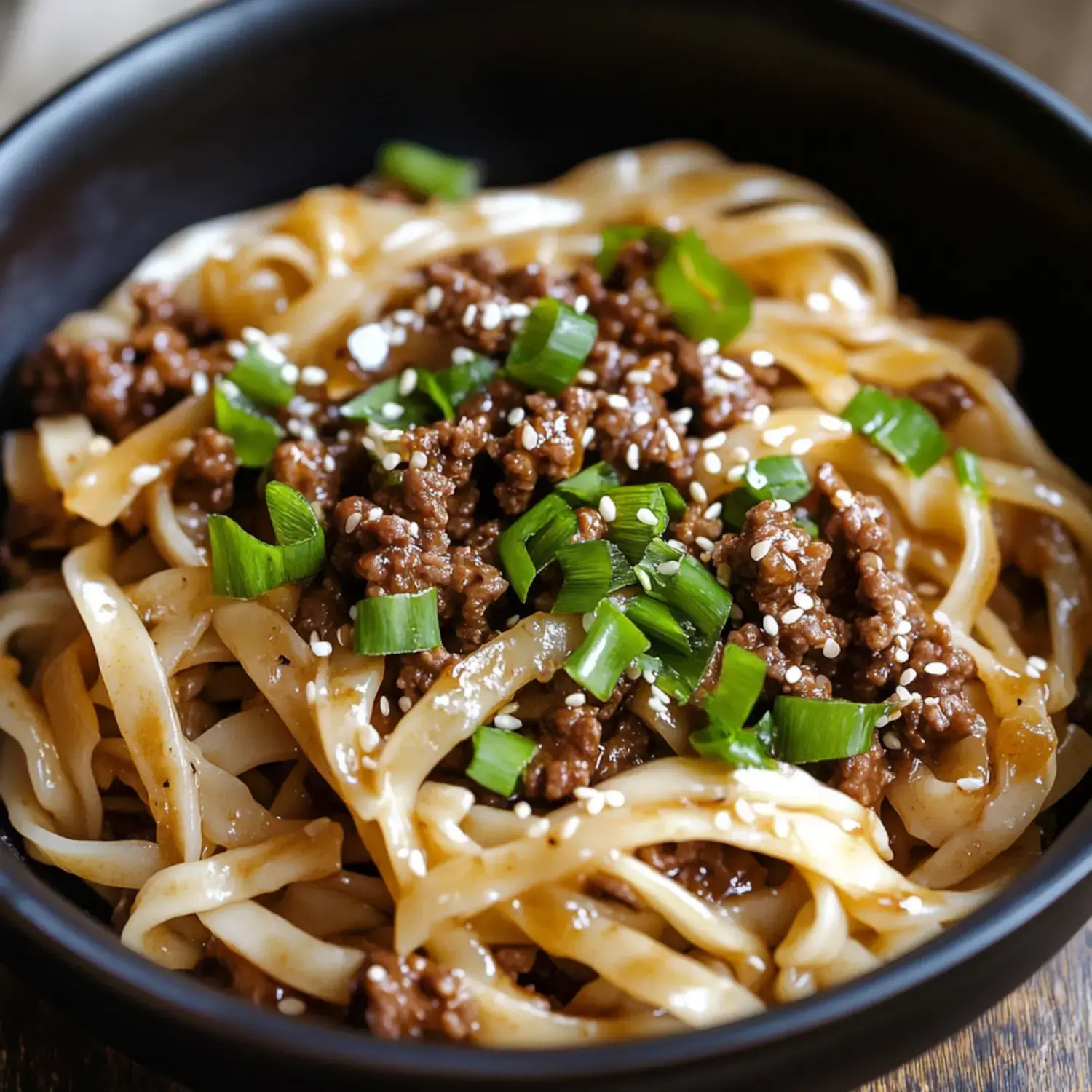 A close-up view of a bowl of stir-fried noodles topped with ground beef, green onions, and sesame seeds.