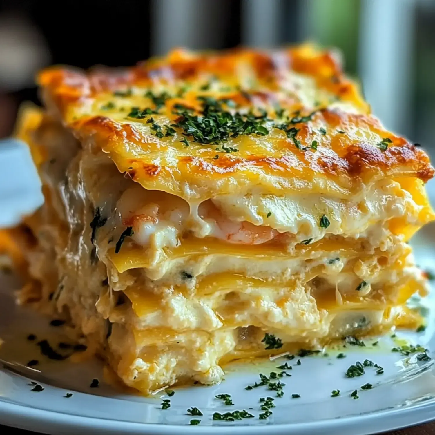 A close-up view of a slice of creamy seafood lasagna topped with herbs on a white plate.