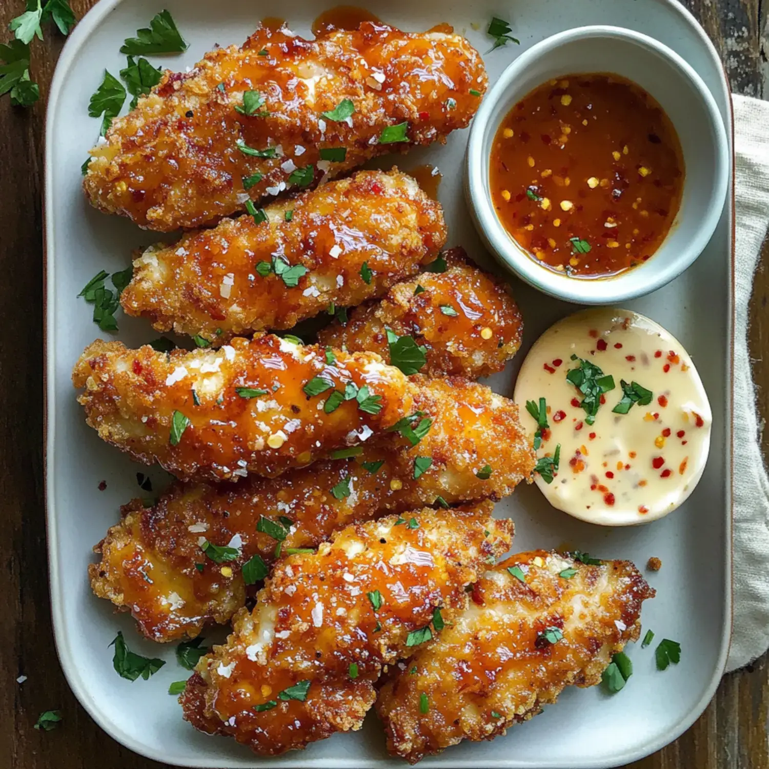 A platter of golden-brown fried chicken tenders drizzled with sauce and garnished with parsley, accompanied by dipping sauces.