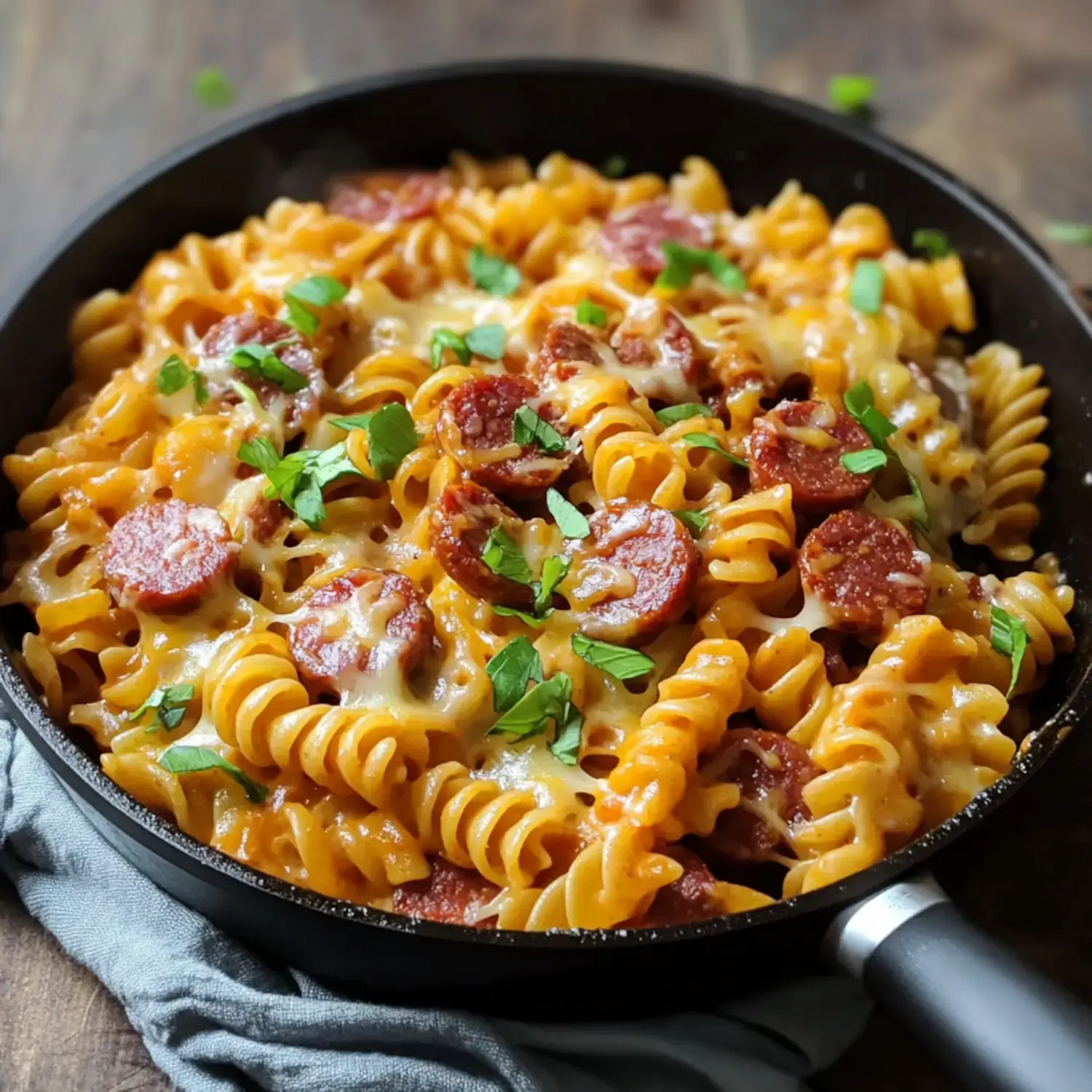 A skillet filled with spiral pasta mixed with pepperoni, melted cheese, and sprinkled with fresh herbs.