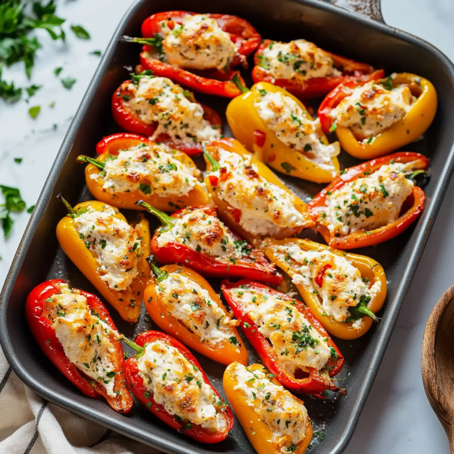 A baking dish filled with stuffed mini bell peppers in red and yellow, topped with cheese and herbs.