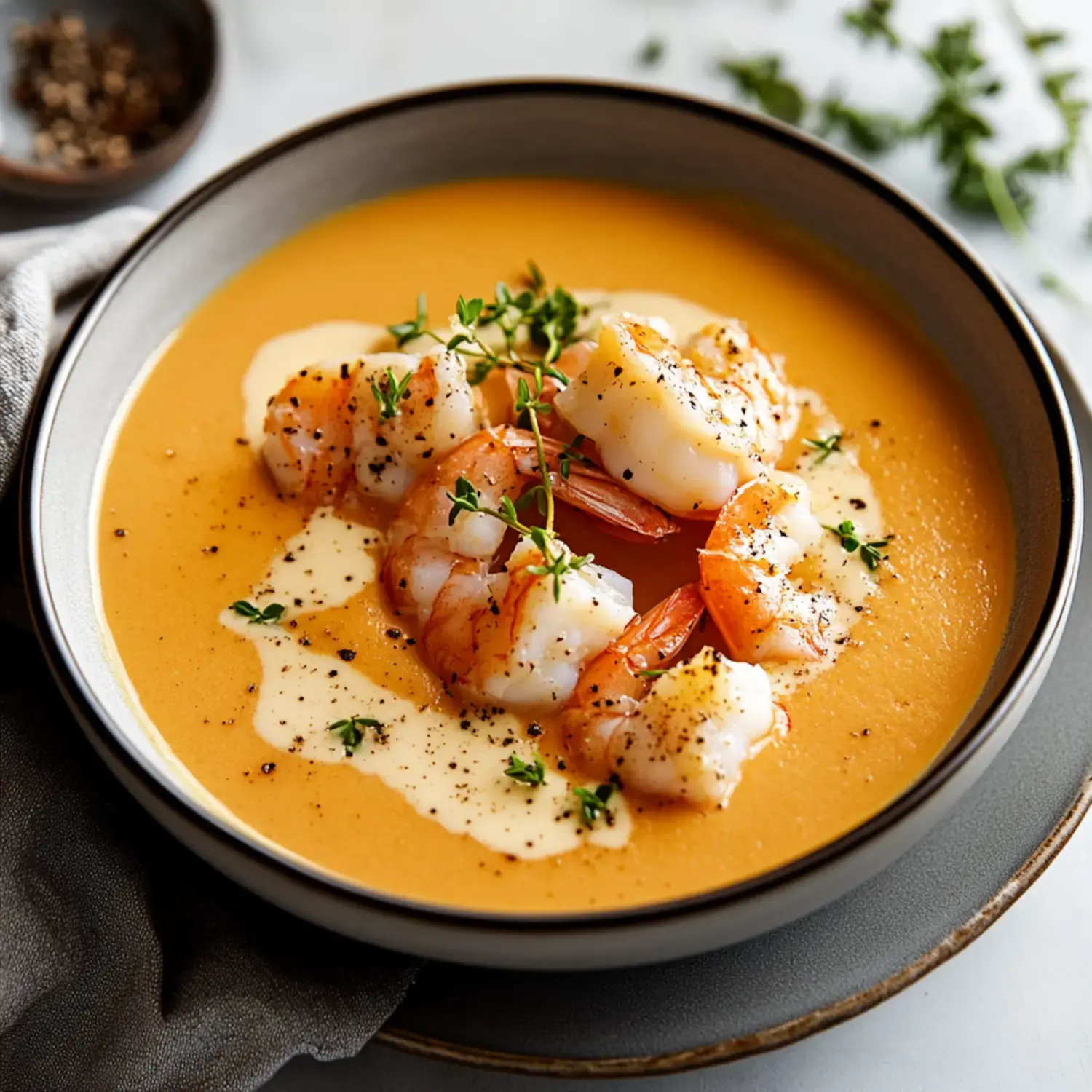 A bowl of creamy shrimp bisque topped with shrimp and sprigs of thyme, drizzled with a creamy sauce.