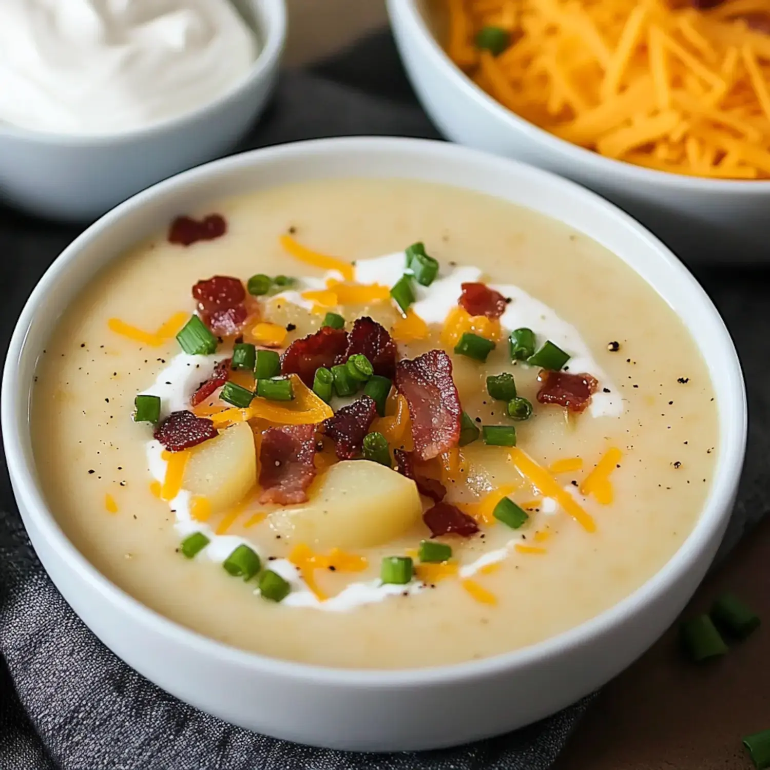 A bowl of creamy potato soup topped with bacon, green onions, cheddar cheese, and a dollop of sour cream, accompanied by another bowl of shredded cheese.