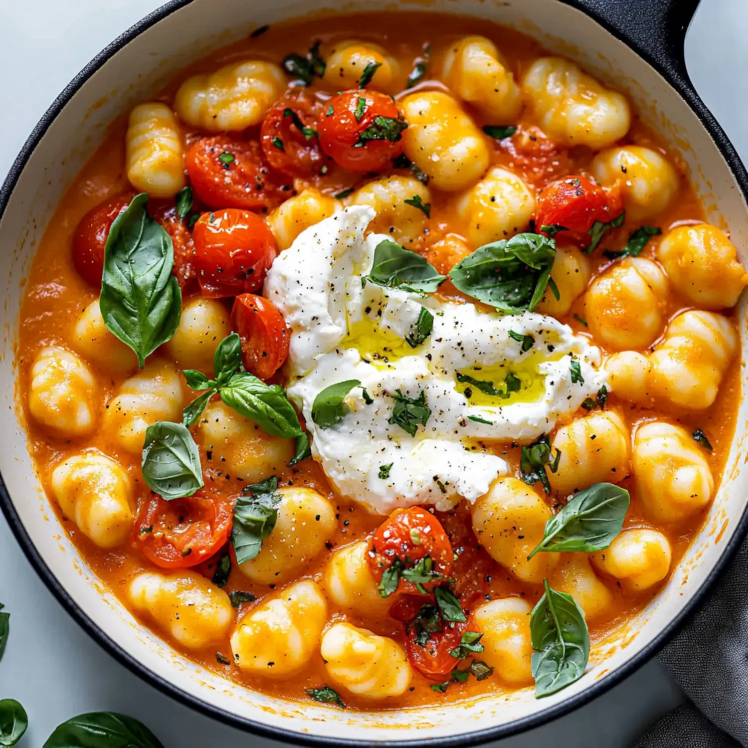 A bowl of gnocchi in a creamy tomato sauce topped with cherry tomatoes, fresh basil, and dollops of ricotta cheese.