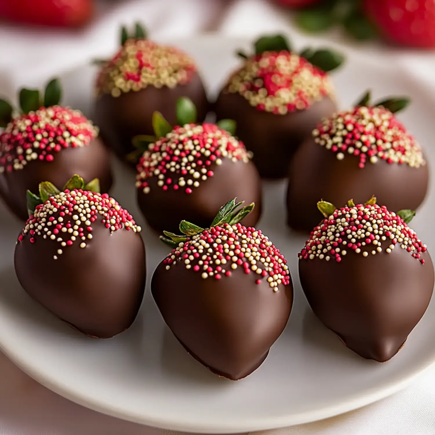 A plate of chocolate-covered strawberries decorated with colorful sprinkles.