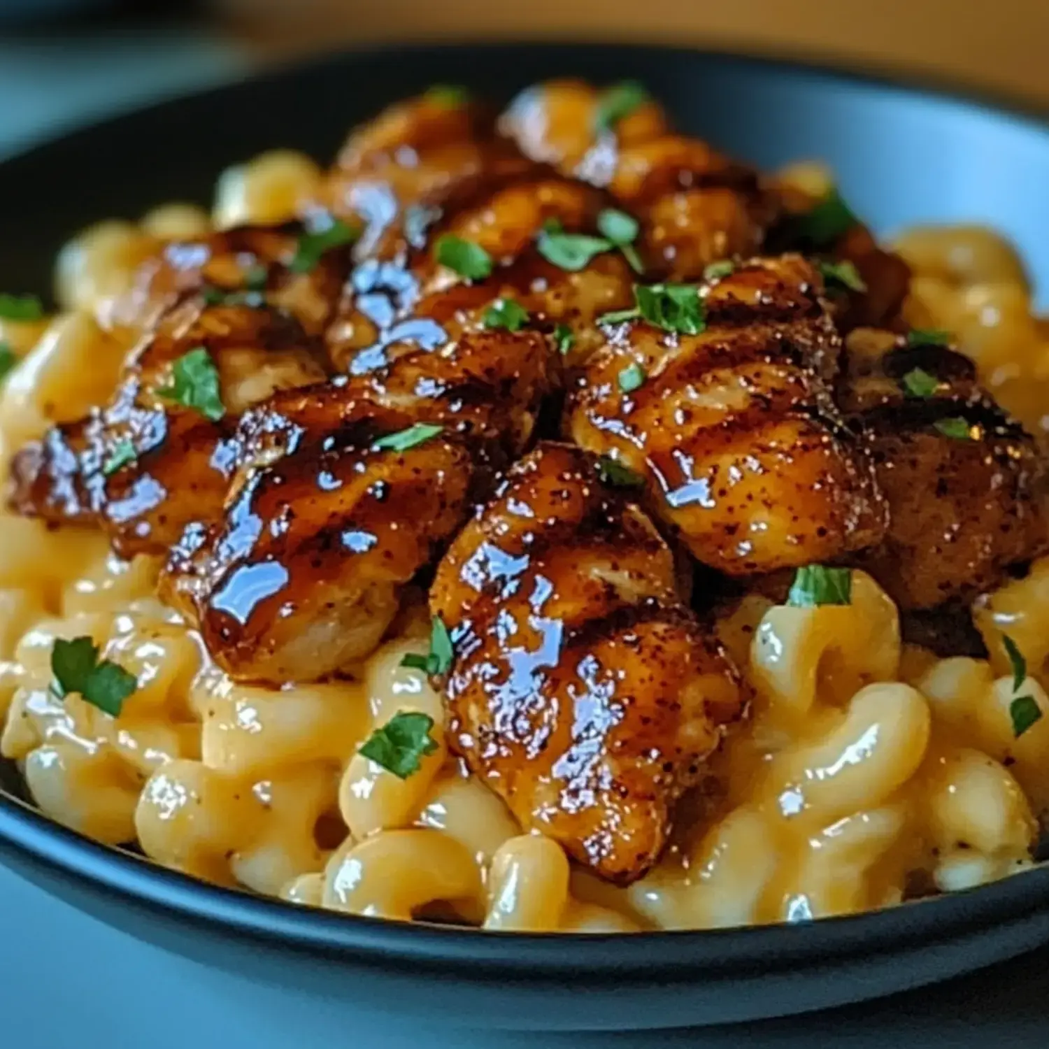 A plate of creamy macaroni and cheese topped with glazed grilled chicken pieces and garnished with chopped parsley.