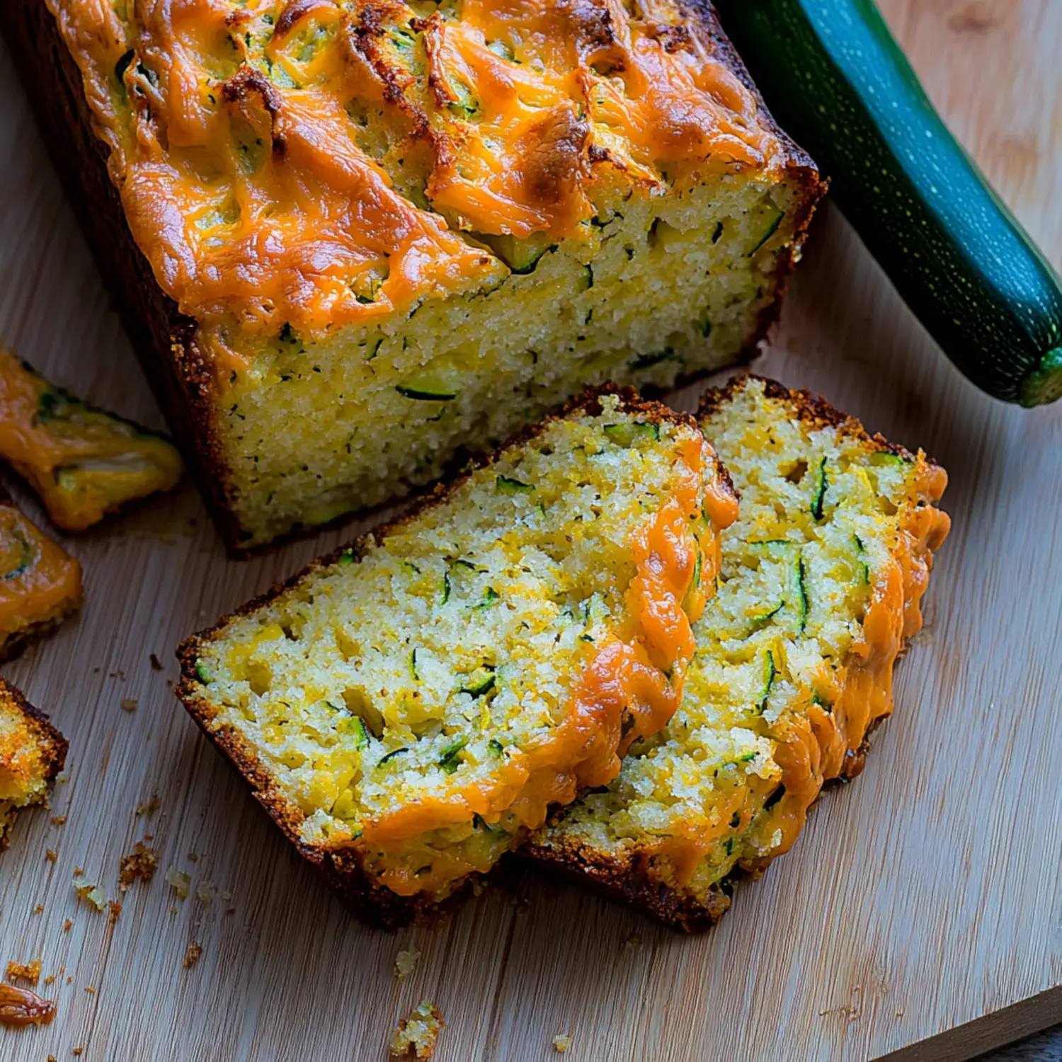 A sliced zucchini bread with a golden crust is displayed on a wooden board, alongside a whole zucchini.