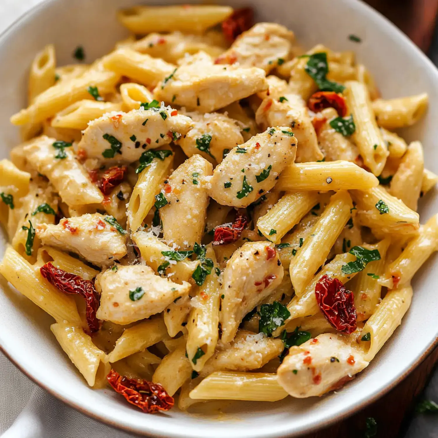 A bowl of penne pasta with pieces of chicken, sun-dried tomatoes, and chopped parsley, all coated in a creamy sauce.