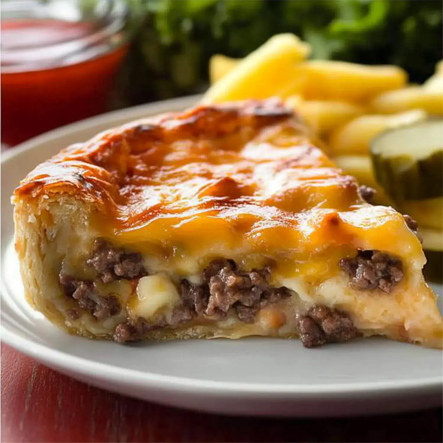 A slice of savory baked dish featuring a beef filling and melted cheese, served alongside French fries and pickles.