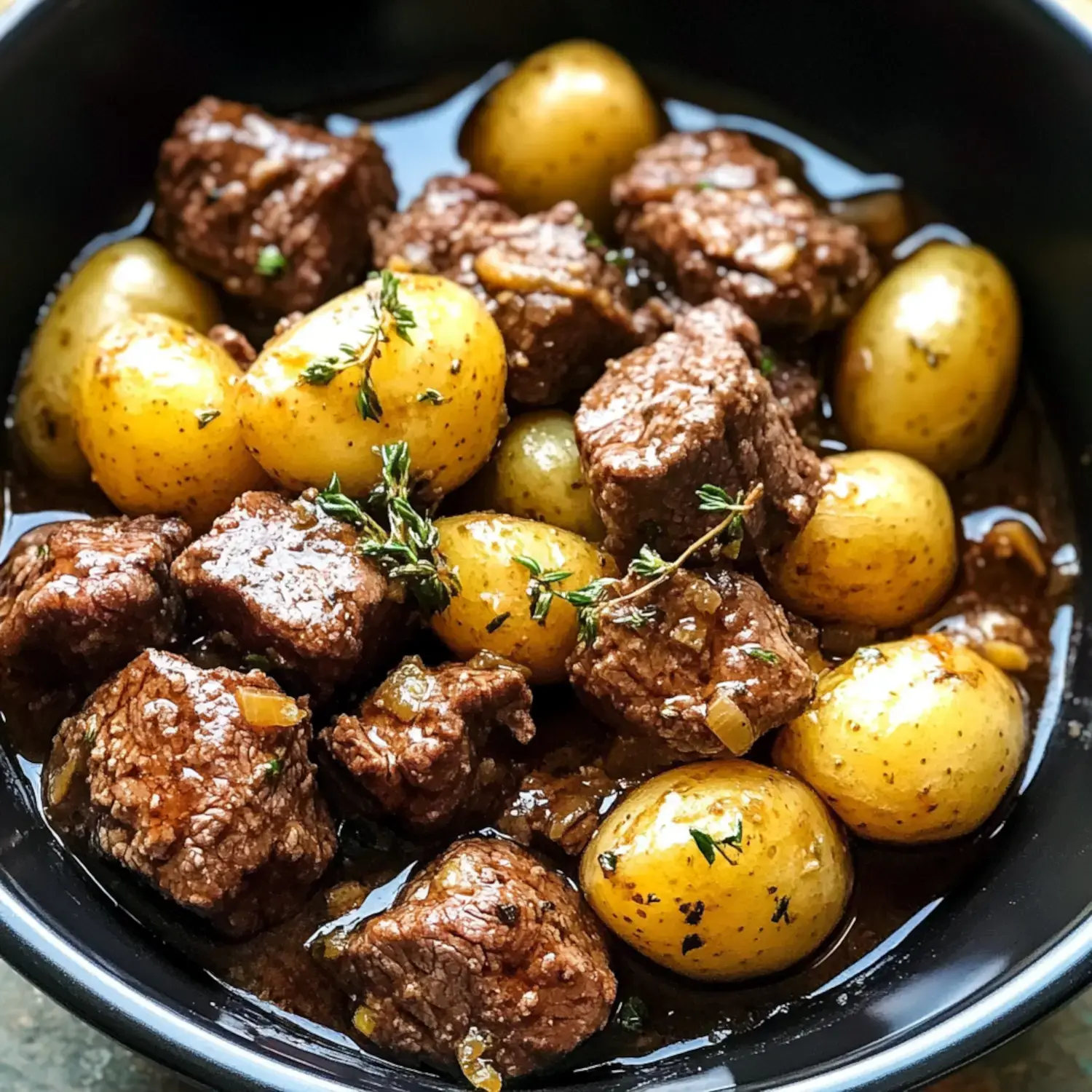 A bowl of tender beef chunks and golden baby potatoes cooked in a savory broth, garnished with herbs.