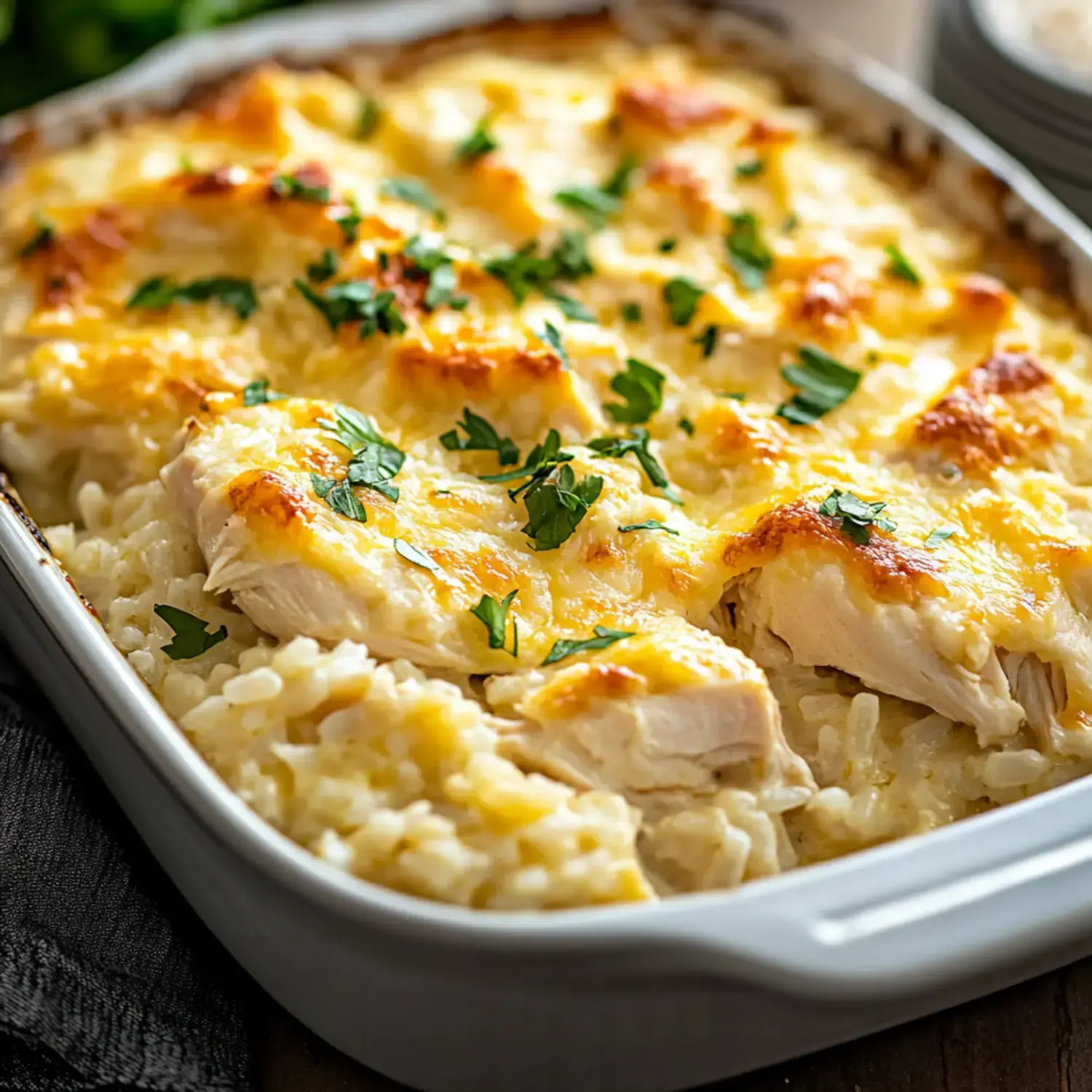 A creamy chicken and rice casserole topped with melted cheese and garnished with parsley.