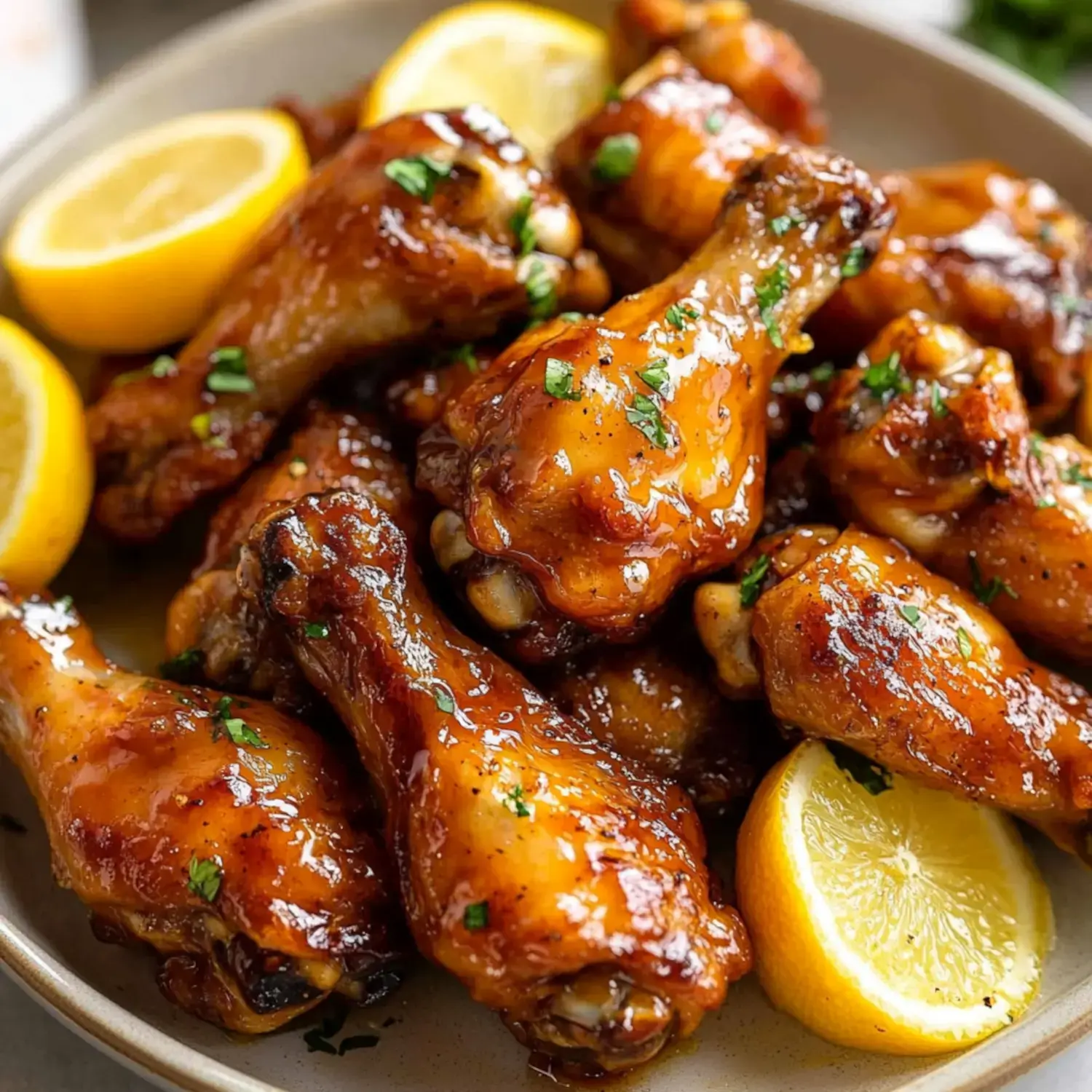 A plate of glazed chicken drumsticks garnished with chopped herbs and accompanied by lemon wedges.