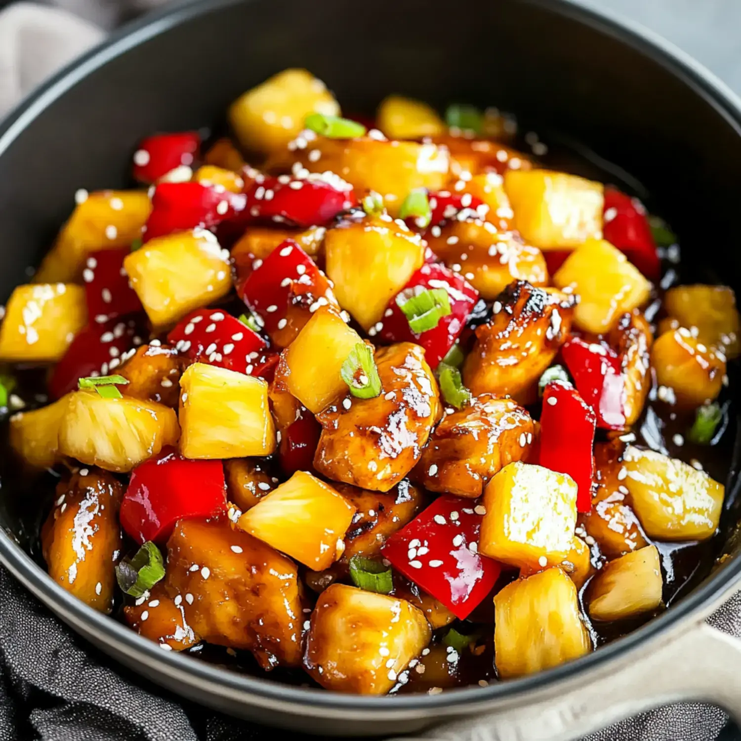 A close-up of a bowl filled with glazed chicken, pineapple chunks, red bell peppers, and topped with sesame seeds and green onions.