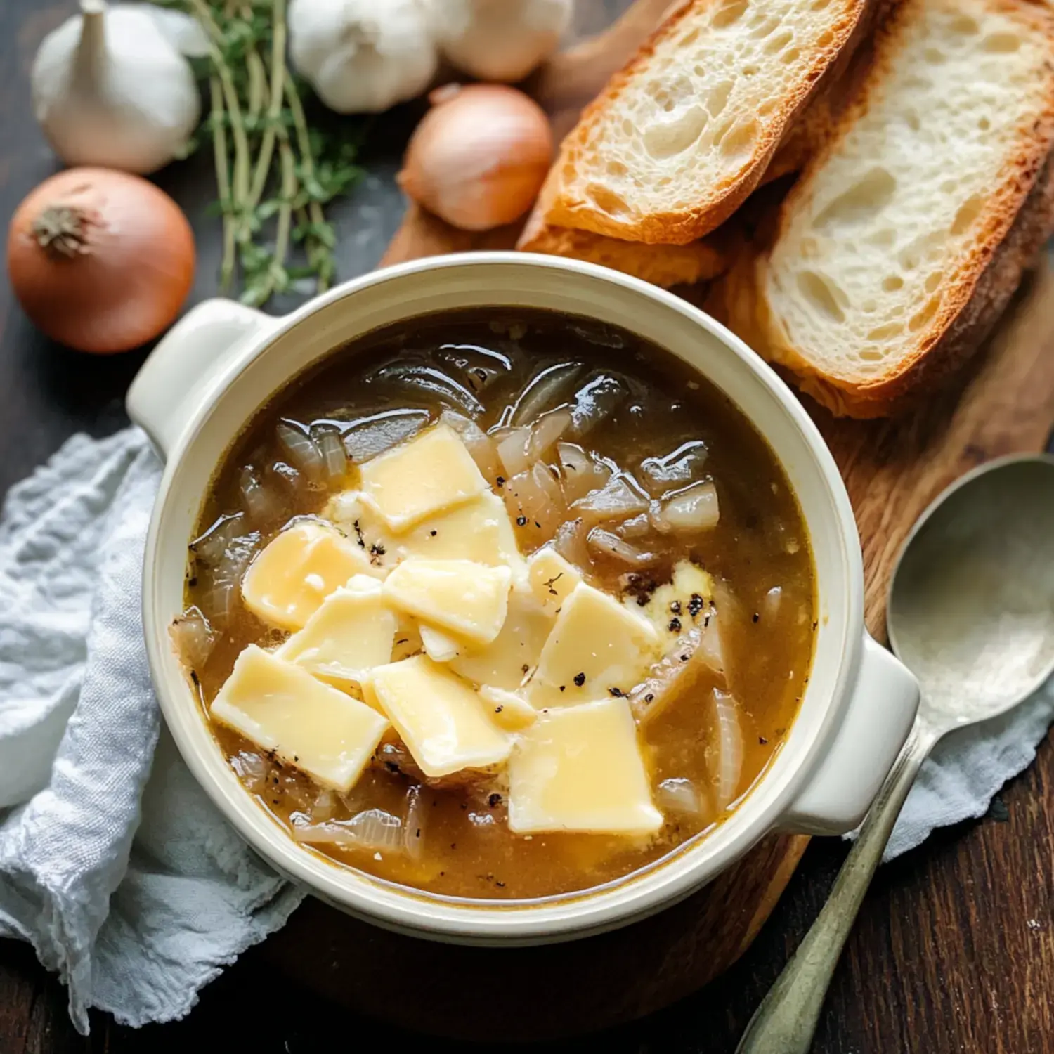 A bowl of onion soup topped with butter cubes, accompanied by sliced bread, garlic, shallots, and thyme.