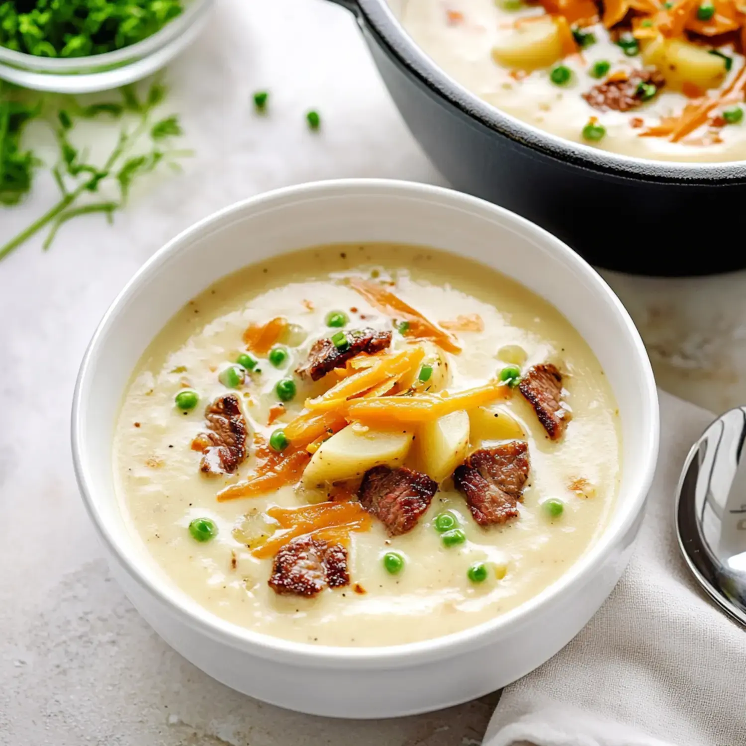 A bowl of creamy soup is topped with diced potatoes, shredded carrots, peas, and pieces of meat, alongside a black pot of the same soup and fresh herbs.