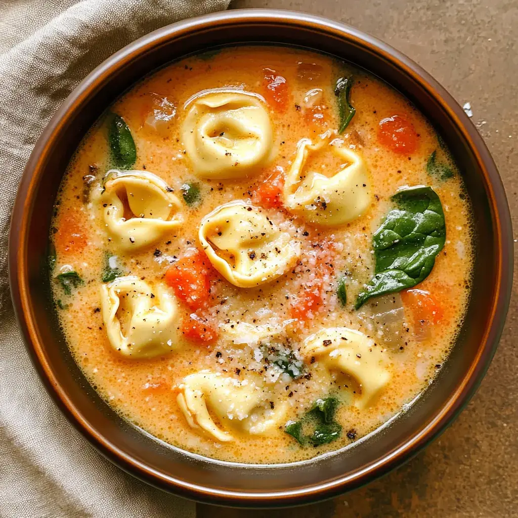 A bowl of creamy soup with tortellini, spinach, and diced tomatoes topped with grated cheese and black pepper.