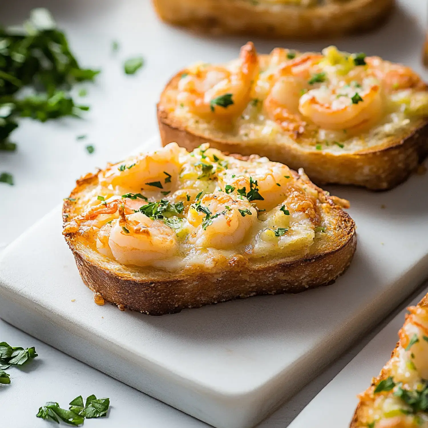 A close-up of toasted bread topped with melted cheese, shrimp, and parsley, surrounded by chopped herbs.