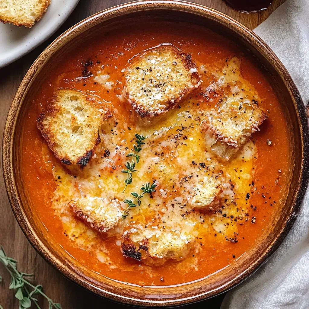 A bowl of creamy tomato soup topped with golden croutons, melted cheese, and fresh thyme.