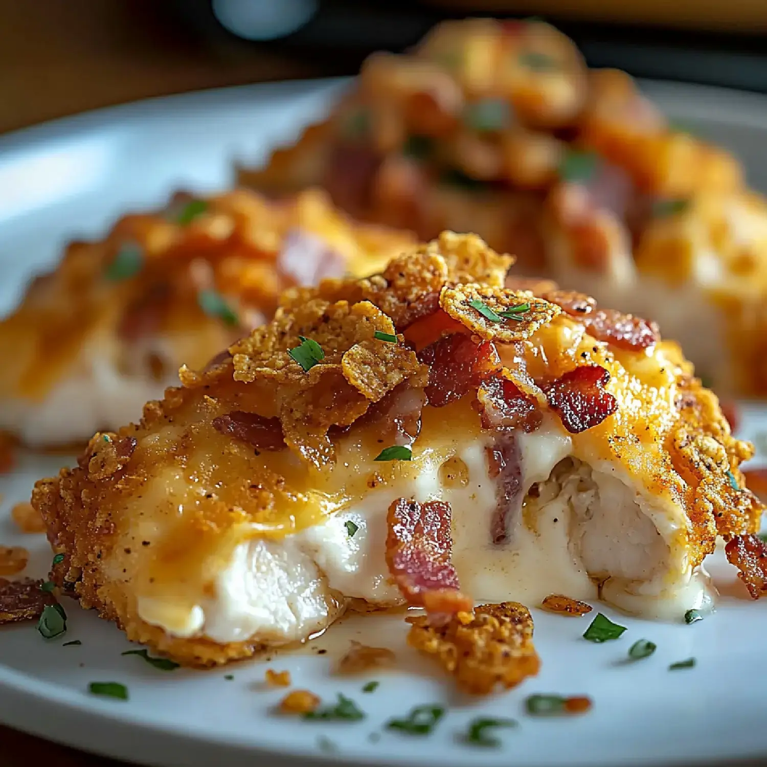 A close-up of a dish featuring crispy fried chicken topped with cheese, bacon bits, and crunchy cereal, garnished with green herbs.