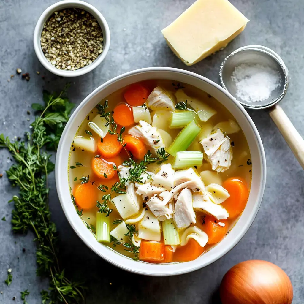 A bowl of chicken soup filled with noodles, diced carrots, celery, and herbs, accompanied by a side of cheese, salt, pepper, and thyme.