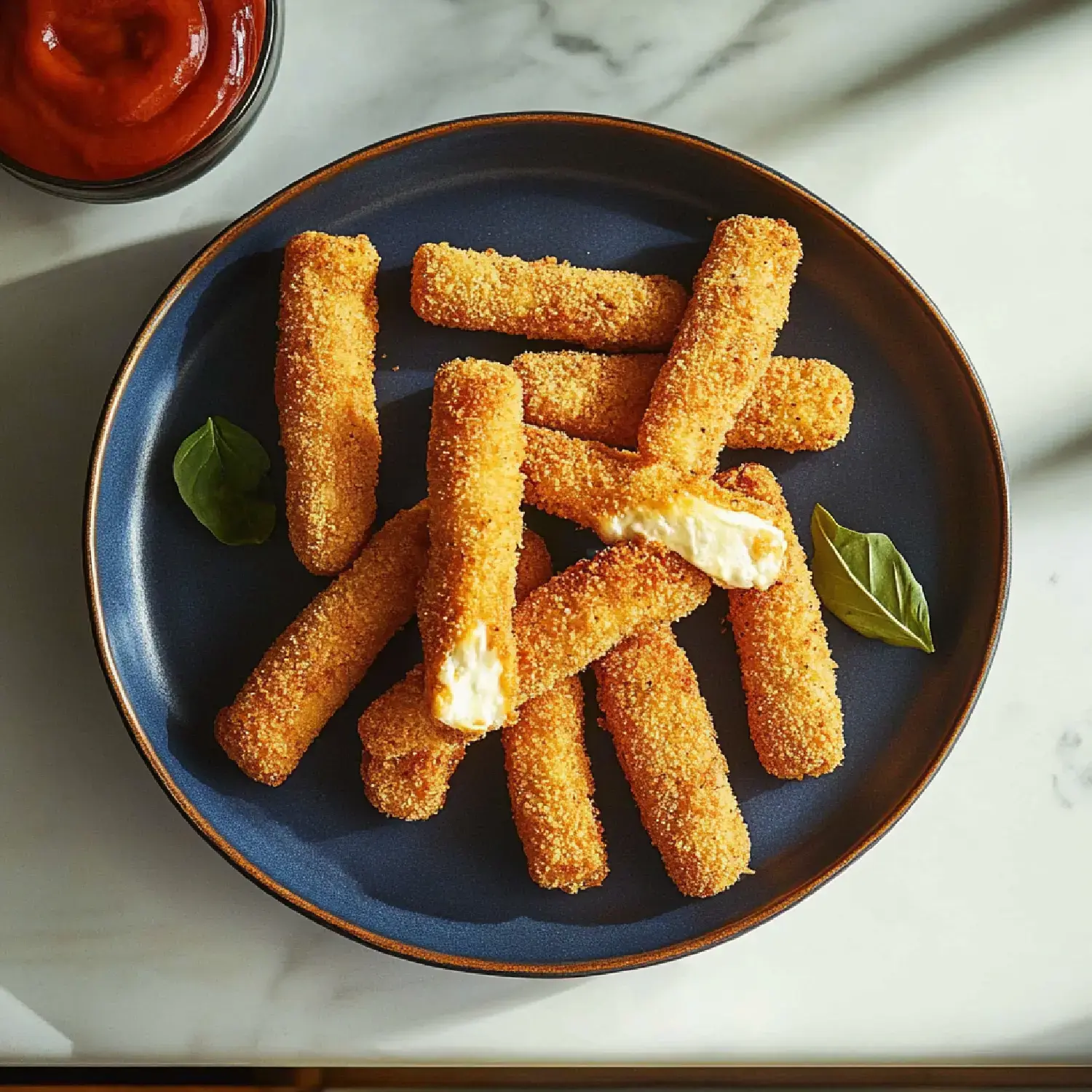 A plate of crispy, golden-brown cheese sticks is arranged with a side of ketchup and garnished with fresh basil leaves.